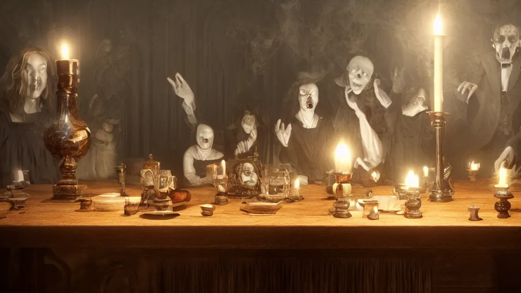 Image similar to a Victorian seance around a wooden table with crystal ball and ectoplasm and spirit manifestations, realistic photo, sharp focus, high detail, horror, spooky, gothic, Unreal Engine 5, trending on artstation