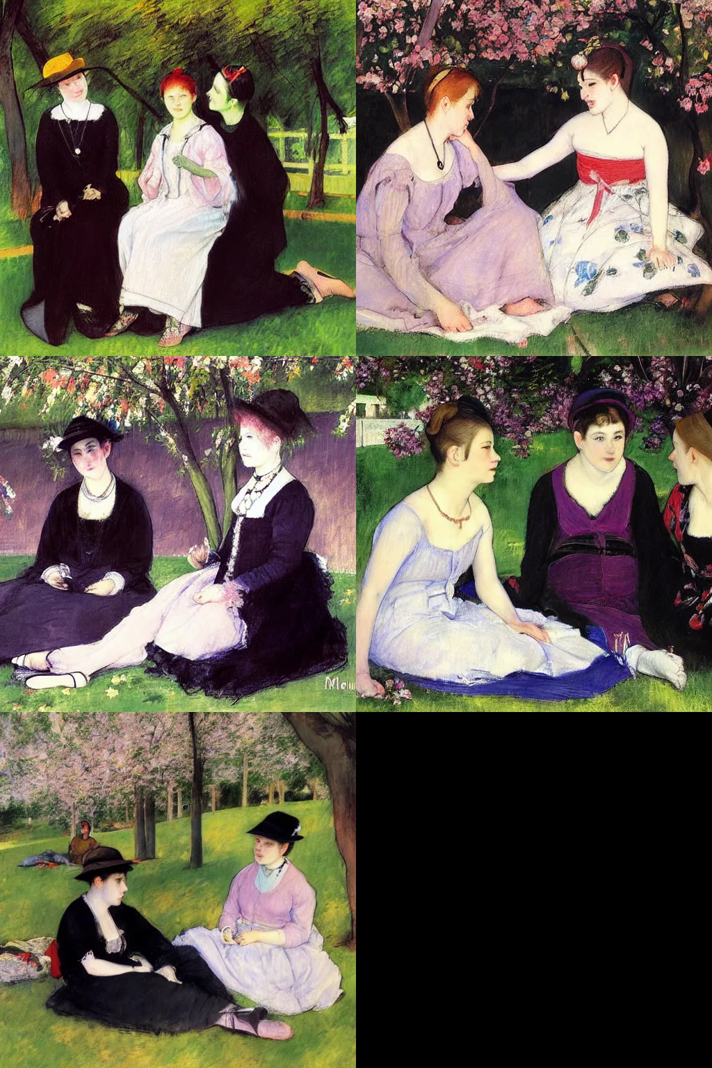 Prompt: an hd painting by mary cassatt. three goths loitering in the shade, talking beneath a cherry tree outside a blockbuster video store.