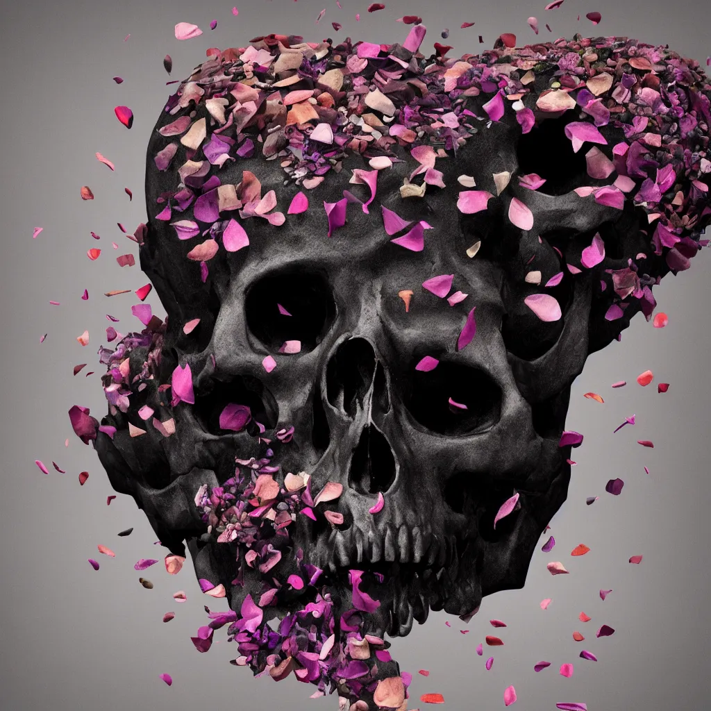 Image similar to obsidian skull surrounded by flower petals, octane render, trending on artstation