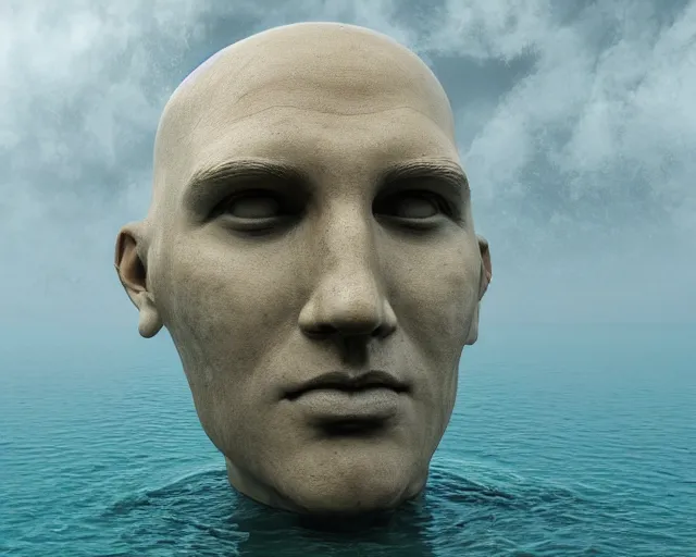 Prompt: a giant sculpture of an abstract human head on the surface of the ocean, hyper - realistic, very detailed, realistic water, ray tracing, 8 k resolution, long - shot, sharp focus, low angle, 8 5 mm photograph, wide lens