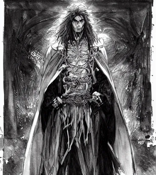 Prompt: portrait of tall muscular anime man with long hair wearing a dark robe, pen and ink, intricate line drawings, by craig mullins, ruan jia, kentaro miura, greg rutkowski, loundraw