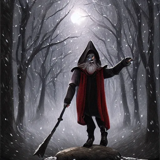 Image similar to wizard, dark, flying on the broom, front view, trees, snowing, artstation, digital art