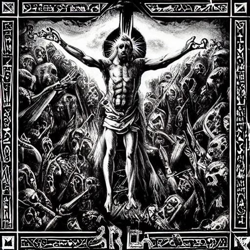 Prompt: a dark and hyper - detailed intricate album cover for a christian black metal band, symbolum apostolicum, apostles creed, jesus descended to hell. the third day he rose again from the dead, artwork by justin bartlet