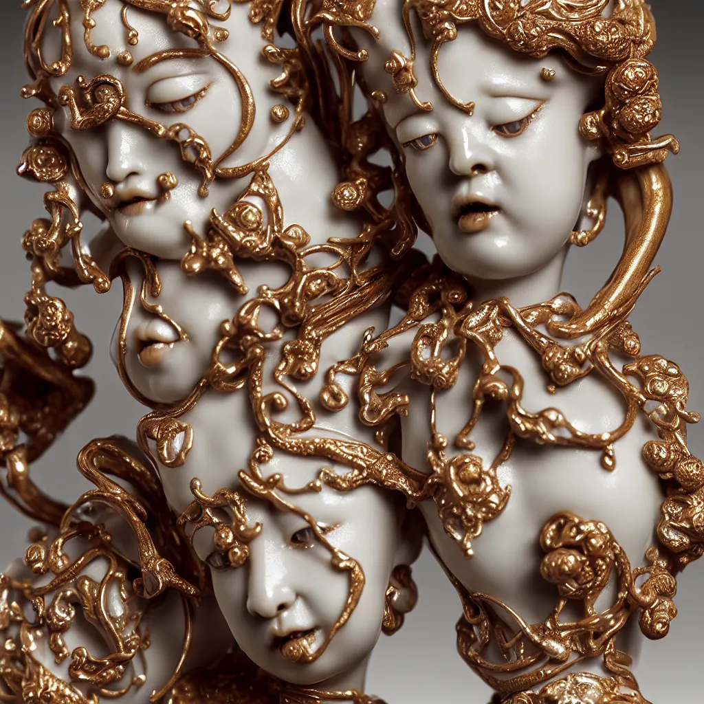 Image similar to a single close up photo - real delicate ceramic porcelain sculpture of an ornate abstract figures detailed in front of an intricate background by mondrian, micro detail, backlit lighting, face in focus, subsurface scattering, translucent, thin porcelain, octane renderer, colorful, physically based rendering, japanese pottery, trending on cgsociety