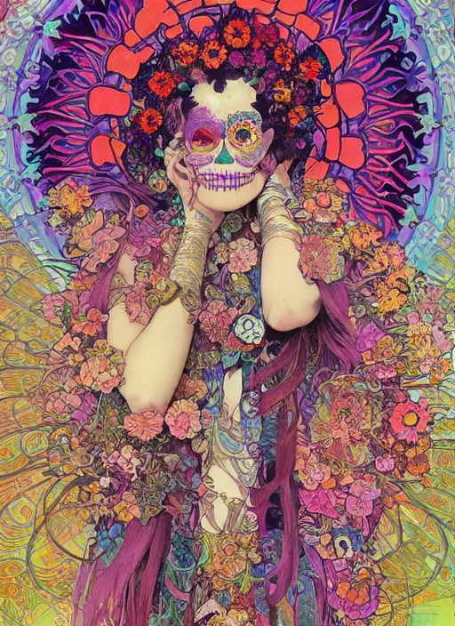 Image similar to realistic detailed psychedelic poster art of a cute fractal Día de los Muertos girl dancing by Victor Moscoso Rick Griffin Alphonse Mucha Ayami Kojima Amano Charlie Bowater, masterpiece