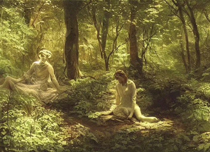 Image similar to a porcelain marble woman in deep forest grotto, dappled light on the forest floor, by abbott fuller graves