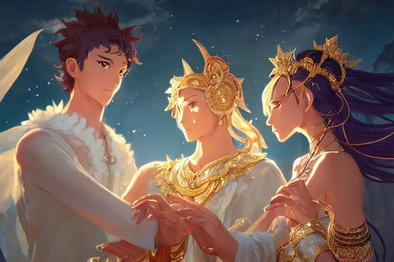 Image similar to close up moment of a divine a sun god and a moon goddess lovers magician at a wedding banquet, highly detailed, d & d, fantasy, 4 k realistic, digital painting, trending on artstation, concept art, sharp focus, illustration, art by makoto shinkai and akihiko yoshida and daniel gerhartz