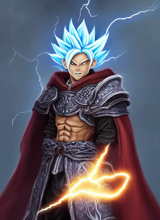 Image similar to portrait of an athletic male sorcerer casting a lightning spell and going super saiyan as a diablo 3 character, looking at camera, his robe is infused with lightning bolts, D&D, lightning master, short hair, intricate, elegant, stylish, cute smile, fantasy, extremely detailed, digital painting, artstation, concept art, smooth, sharp focus, illustration, ambient lighting, art by artgerm and greg rutkowski and alphonse mucha and simon stalenhag