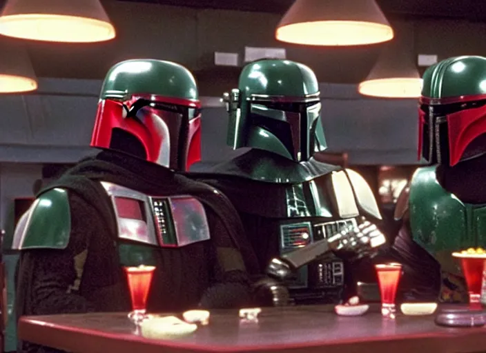 Prompt: boba fett and darth vader drinking at a bowling alley bar in the movie the big lebowski, hd