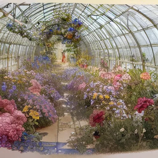 Prompt: a beautifull intricate watercolour painting of a greenhouse with many flowers, reflexions, verry high details by william turner art, greg rutkowski and alphonse mucha, trending on artstation, very very detailed, masterpiece