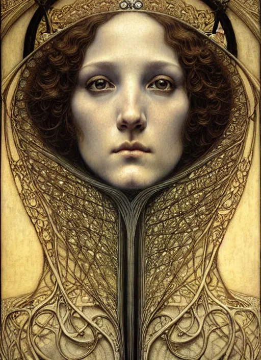 Image similar to detailed realistic beautiful young medieval queen face portrait by jean delville, gustave dore and marco mazzoni, art nouveau, symbolist, visionary, gothic, pre - raphaelite. horizontal symmetry