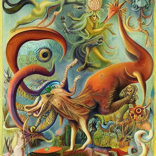 Image similar to strange mythical beasts of whimsy, surreal oil painting by ronny khalil and leonora carrington, drawn by ernst haeckel, as an offering to zeus