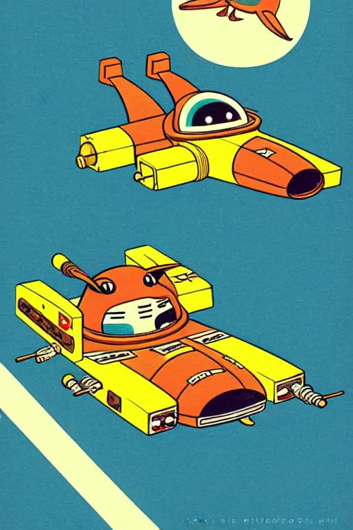 Image similar to by richard scarry. a platypus driving an x - wing. a 1 9 5 0 s retro illustration. studio ghibli. muted colors, detailed