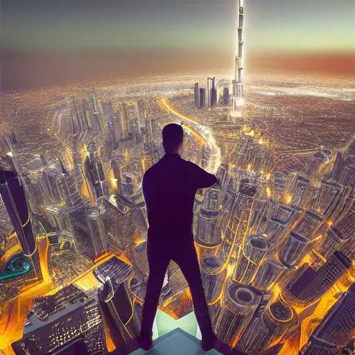 Image similar to closeup of a man [ standing on the pinnacle of the burj khalifa ]!!, holding a camera, viewing out into a futuristically adequate city, dusk atmosphere, digital art illustrated by max hay and greg rutkowski, [ synthwave ]!!, golden ratio!!, centered!!