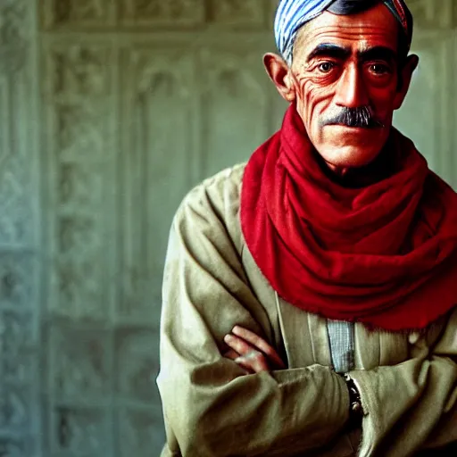 Image similar to portrait of president woodrow wilson as afghan man, green eyes and red scarf looking intently, photograph by steve mccurry