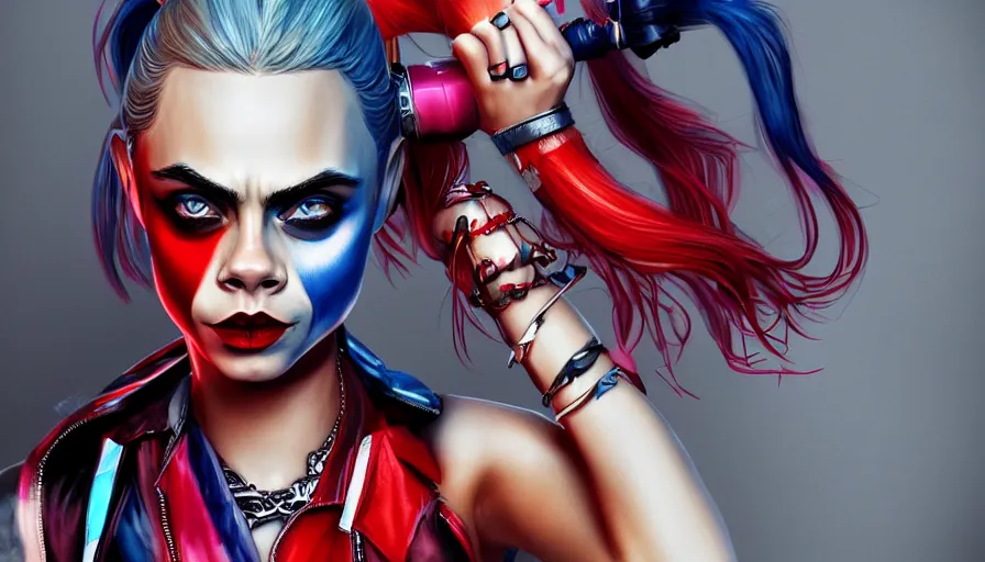 Image similar to Cara Delevingne as Harley Quinn, hyperdetailed, artstation, cgsociety, 8k