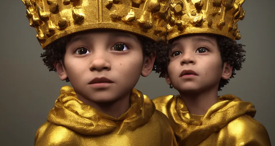 Prompt: One light skinned, 4 years-old boy, with curly short hair as a king, wearing a golden crown, stunning photo, cinematic lighting, perfect composition, 8K, ultra-detailed , Trending on artstation, Octane render, Unreal Engine, highly detailed,