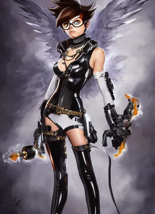 Image similar to full body artwork of tracer overwatch, wearing black latex outfit, in style of mark arian, angel wings, dramatic painting, wearing detailed leather collar, ornate highly detailed white shiny armor, chains, black harness, detailed face and eyes,