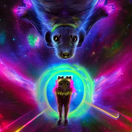 Prompt: fluorescent ultra-detailed celestial ferret in a galaxy made of stars, space, nebulas stars Dmt, Psychedelic cosmos, cosmic, Hallucination, night sky, surrealistic,volumetric lighting, Dreamy, dynamic, mystical, by dan mumford, 4k HD, artstation HD