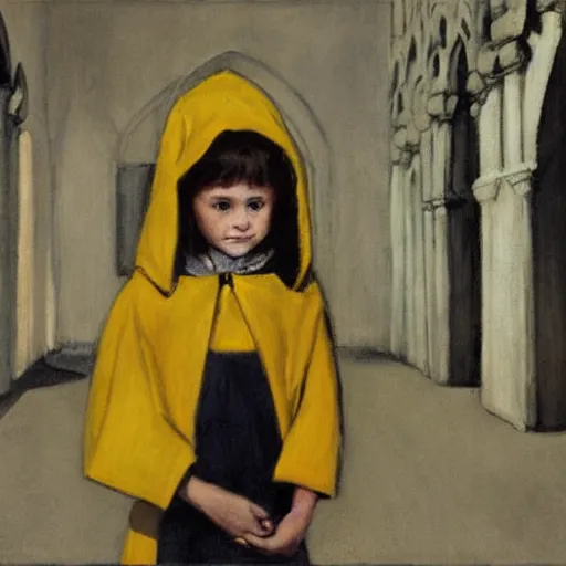 Image similar to a painting of a little girl with short black hair and wearing a yellow coat alone in the middle of a cloister in an abbey by hopper