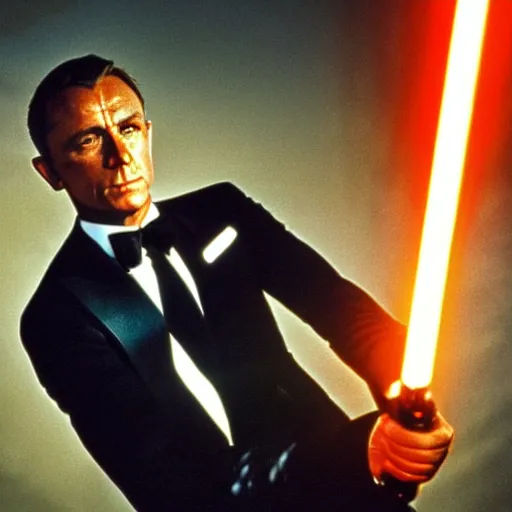 Prompt: James Bond with a Light Saber. Picture taken for time Magazine. 4k. UHD.