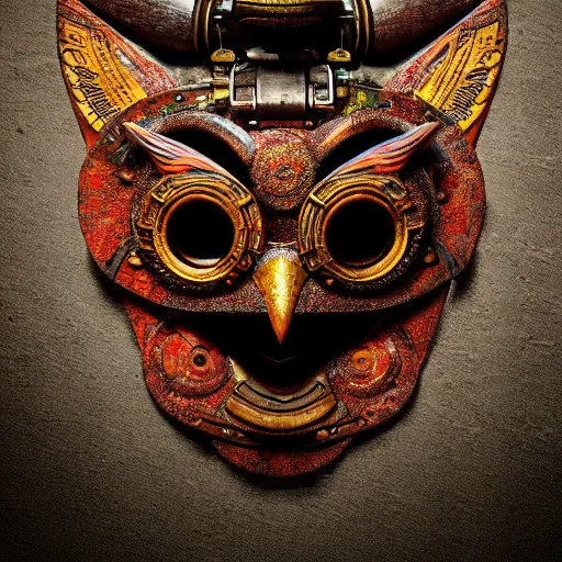 Prompt: steampunk tribal mask, owl, japanese pottery, vivid colors, wood, metal, intricate details, trending on cgsociety, concept art, glowing eyes, sharp focus, ultra realistic details, cinematic atmosphere, global illumination, shadows