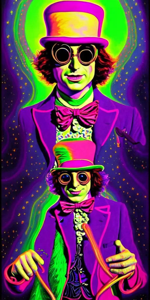 Image similar to An extremely psychedelic illustration of willy wonka in neon psychedelic tuxedo, surreal, LSD, face, detailed, intricate, elegant, lithe, highly detailed, digital painting, artstation, concept art, smooth, sharp focus, illustration, art by Jason Edmiston