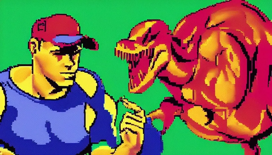 Image similar to beautiful still from retro snes arcade game featuring muscular gene kelly on steroids demanding a refund on undercooked overpriced dinosaur steak in downtown dive bar bistro, hyperreal detailed facial features and uv lighting, retro nintendo bitmap pixel art