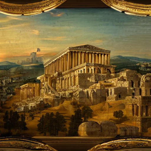 Prompt: renaissance landscape art of golden cascade from the sky afternoon. gold drenched apocalyptic acropolis.