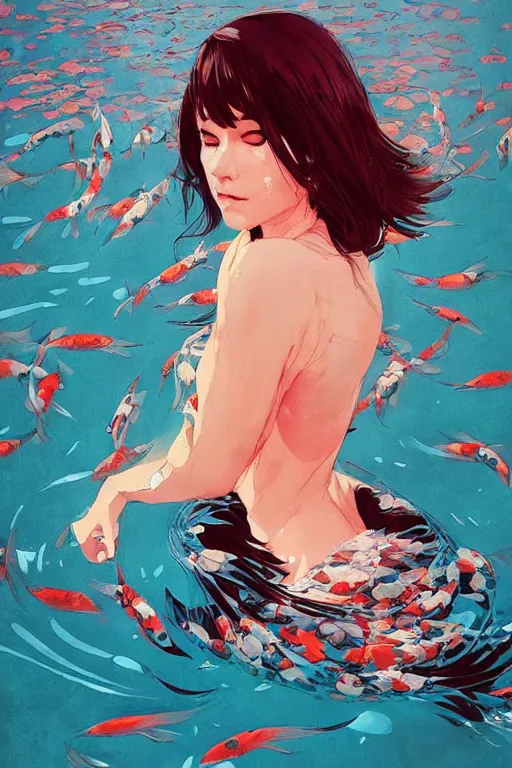 Image similar to a ultradetailed beautiful portrait panting of a stylish woman surrounded by floating koi fish, by conrad roset, greg rutkowski and makoto shinkai, trending on artstation