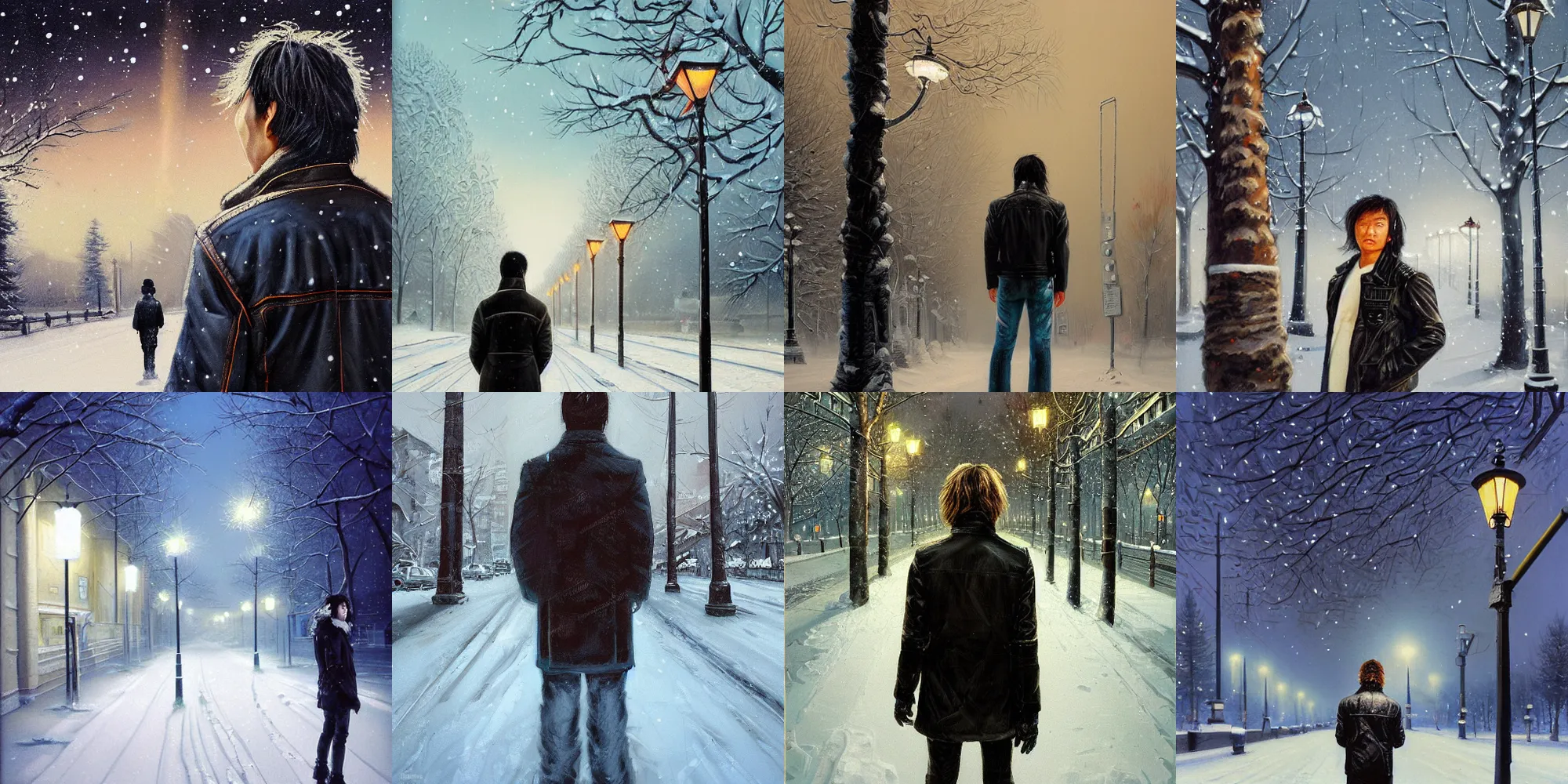 Prompt: beautiful snow - covered victor tsoi korean from back standing on alley with street lamps in park with pines to the horizon, dressed in leather jacket, snowfall at night, 1 9 8 0 s mullet haircut, half - length portrait, perfect symmetrical eyes, cinematic by peter mohrbacher, ron cobb, painting, digital art, detailed, hyperrealism, igla