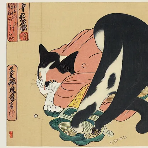 Image similar to a hokusai ukiyo - e portrait of a cat grooming itself, a shocked woman looks at the cat, japanese quote in the top left corner