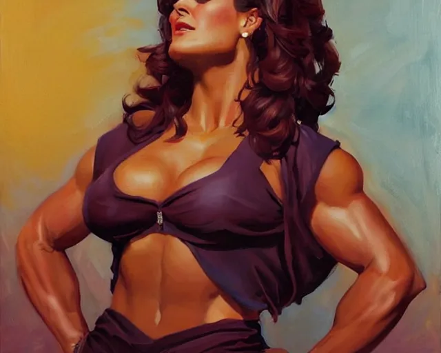 Prompt: greg manchess portrait painting of smug salma hayek as beautiful thick female bodybuilder zarya from overwatch, medium shot, asymmetrical, profile picture, organic painting, sunny day, matte painting, bold shapes, hard edges, street art, trending on artstation, by huang guangjian and gil elvgren and sachin teng