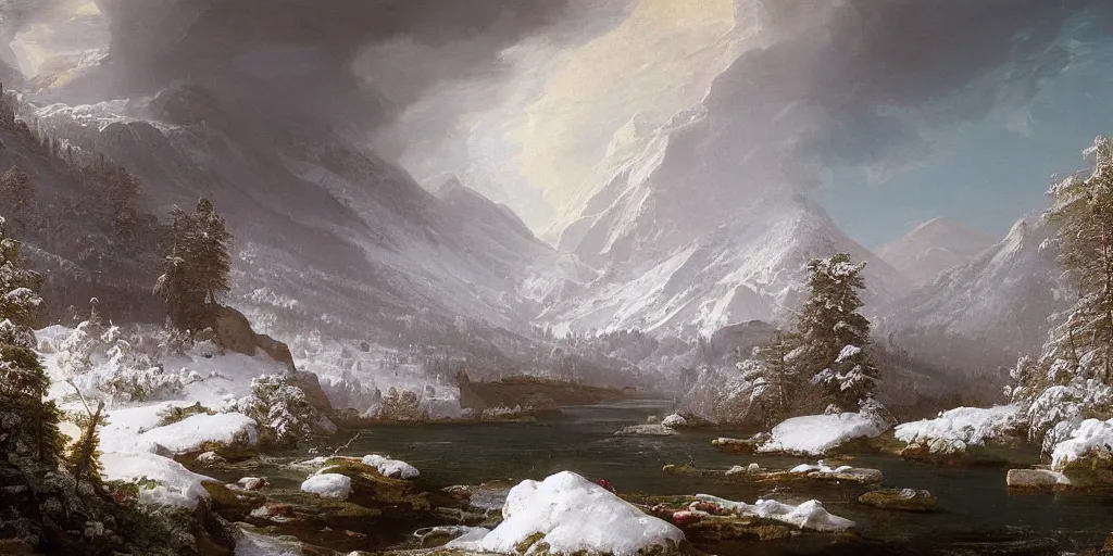 Prompt: a stunning painting of a mountain vista with a river flowing to a lake and forest, winter heavy snow, by thomas cole, oil on canvas, highly detailed, 4 k, hd