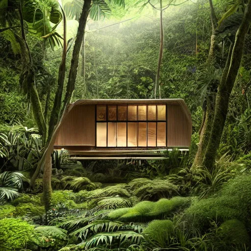 Image similar to a beautiful 3d renderings of a little huse in a jungle, architecture by Kengo Kuma. Architectural photography, 14mm, cinematic photography, high resolution 4k, cg architects, vray