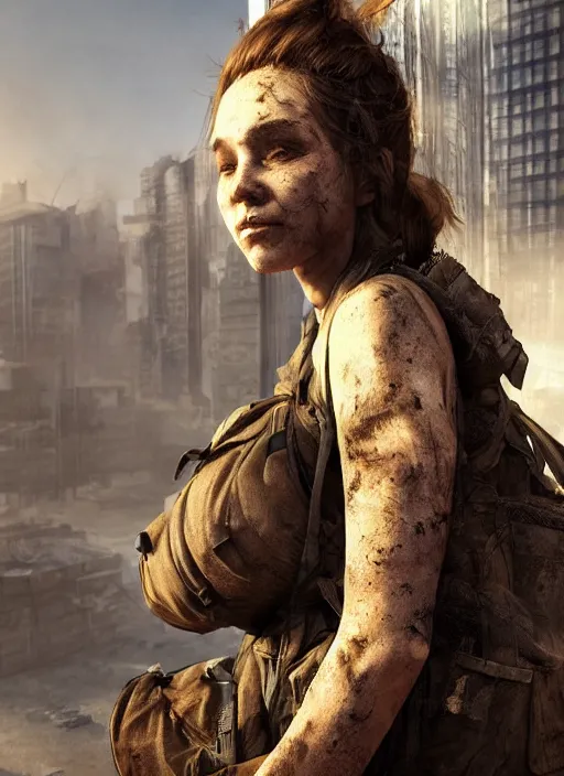 Image similar to portrait of a survivalist woman in a post apocalyptic city at dawn, beautiful digital concept art trending on artstation, ultra - realistic lifelike high details, realistic face, cinematic lighting