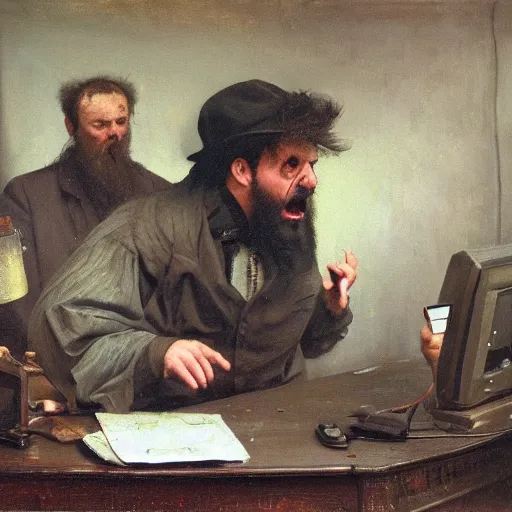 Image similar to an angry man yells at his computer monitor, oil on canvas, 1 8 8 3, highly detailed, high resolution