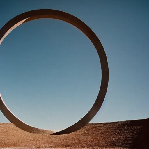 Prompt: a photo taken from inside a massive circular Non-Euclidean clay building sitting in the desert, vintage photo, beautiful cinematography, blue sky, surreal, film grain, symmetrical, coliseum, James Turrell