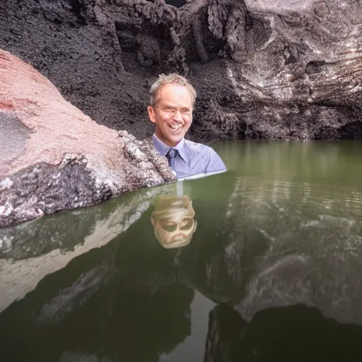 Image similar to head of walter whitr emerges from a lava lake, cave background, high detail, lava reflections, cave reflecting in the lava lake, dramatic shot