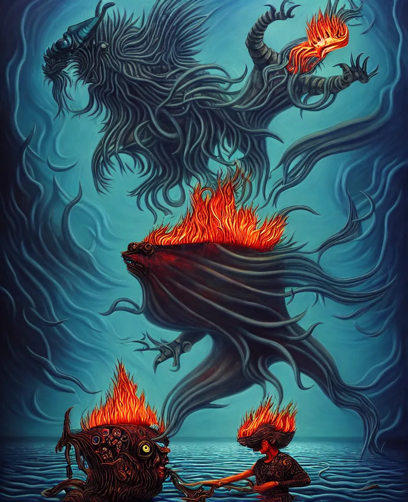 Image similar to mysterious bestiary of wild emotion monsters repressed in the deep sea of unconscious of the psyche lead by baba yaga, about to rip through and escape in a extraordinary revolution, dramatic fire glow lighting, surreal painting by ronny khalil