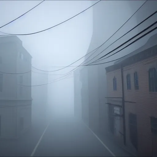 Image similar to overhead view of foggy streets in style of silent hill one, realistic, detailed, 4 k