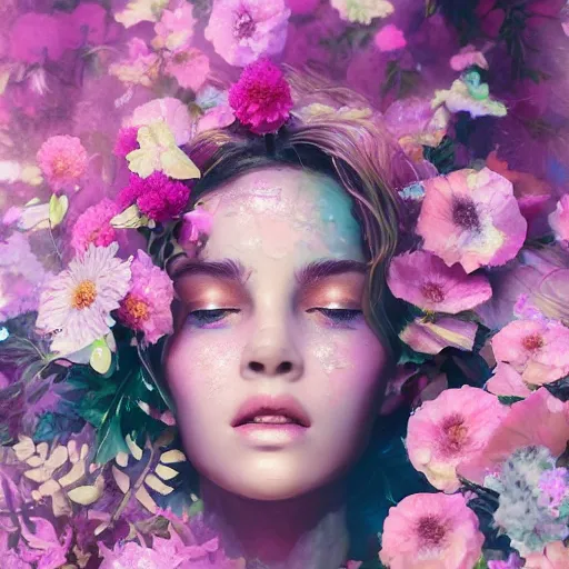 Image similar to portrait of the most beautiful woman surrounded by soft florals, vaporwave lighting, dewy skin, concept art, high detail, beautiful, dreamy, blender