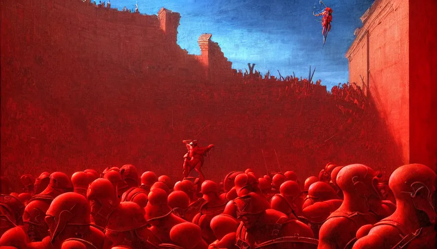 Image similar to only with red, a lightly armored gladiator in a crowded roman amphitheatre, crowd cheering, in the style of beksinski and edward hopper and rodcenko and yue minjun and cory loftis, intricate and epic composition, red by caravaggio, highly detailed, masterpiece, red light, artstation, art nouveau