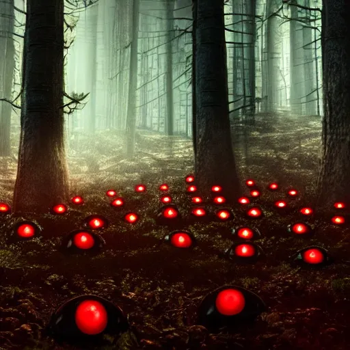 Prompt: An octane render of many pairs of glowing red eyes in a dark forest