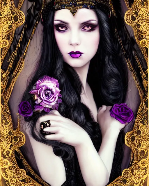 Prompt: a beautiful image of a young woman, Liliana Vess the last hope, dark enchantress, long flowing black hair, ornate headdress, Victorian purple and black elegant costume, young female face, cinematic top lighting, insanely detailed and intricate, face by wlop, Charlie Bowater, golden ratio, symmetric, elegant, ornate, luxury, elite, matte painting, cinematic, LIliana character from MTG, Magic the Gathering, trending on artstation, deviantart and cgsociety, 8k, high resolution