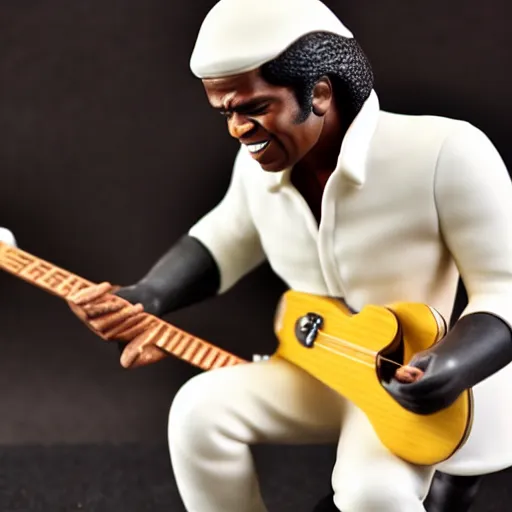 Image similar to a porcelain figurine of james brown playing the guitar, product shot