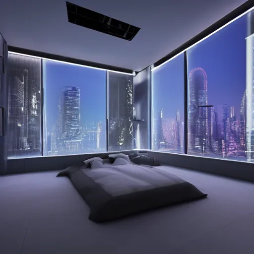 Prompt: a futuristic luxury white bedroom with ceiling high windows looking out to a cyberpunk cityscape with flying cars, night time, neon lights, cinematic 3d render