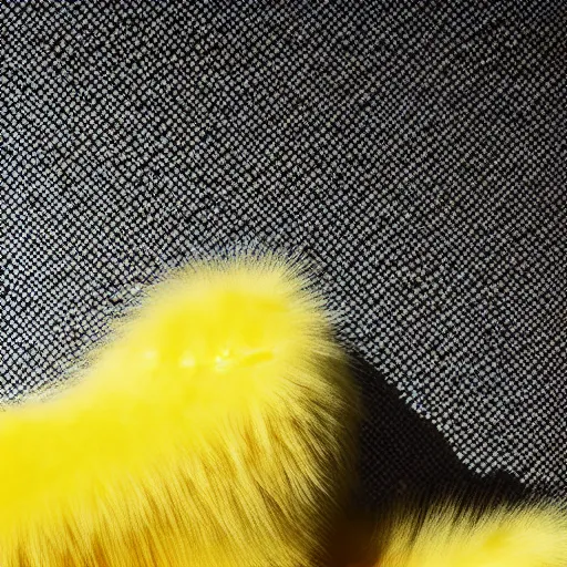 Image similar to poster nike shoe made of very fluffy yellow faux fur placed on reflective surface, professional advertising, overhead lighting, heavy detail, realistic by nate vanhook, mark miner