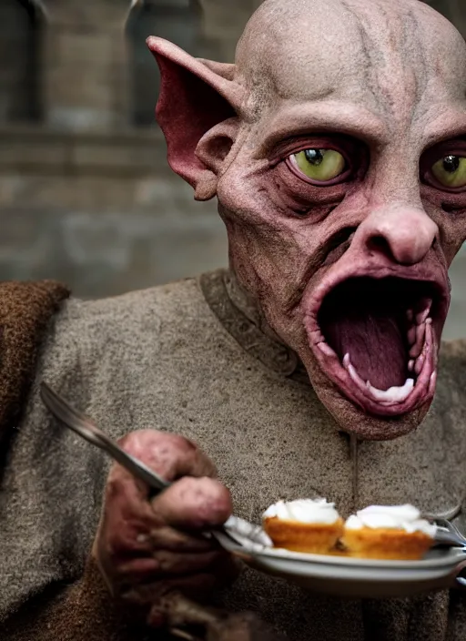 Prompt: closeup face portrait of a medieval goblin eating cakes in the cloisters, depth of field, zeiss lens, detailed, symmetrical, centered, fashion photoshoot, by annie leibovitz and steve mccurry, david lazar, jimmy nelsson, breathtaking, 8 k resolution, extremely detailed, beautiful, establishing shot, artistic, hyperrealistic, beautiful face, octane render