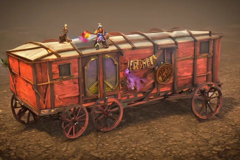 Image similar to 3d sculpt of a gypsy circus wagon, artstaton, League of Legends, red dead redemption2, overwatch, digital illustration